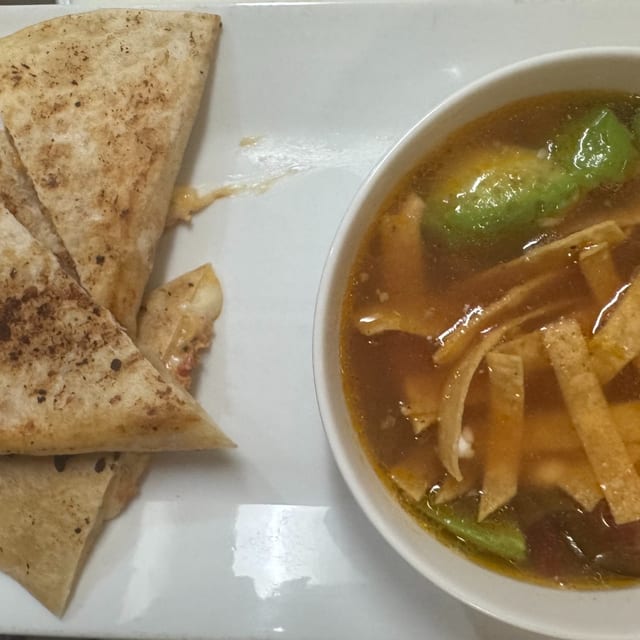 Cup of Tortilla Soup with Chico Cheese Quesadilla.
